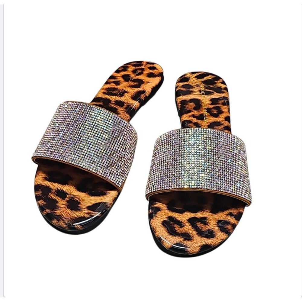 Leopard Print Slides With Rhinestone Straps Stylish Womens Sandals - Picture 6 of 7